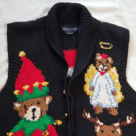 1994 Eagle's Eye Hand Knit Christmas Cardigan Office Sweater XL Teddy Bear Angel - Picture 2 of 13